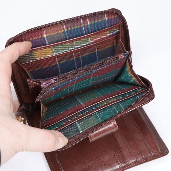 MANCINI Unisex Leather Medium Clutch Wallet Brown Plaid Lining Travel - Picture 3 of 10